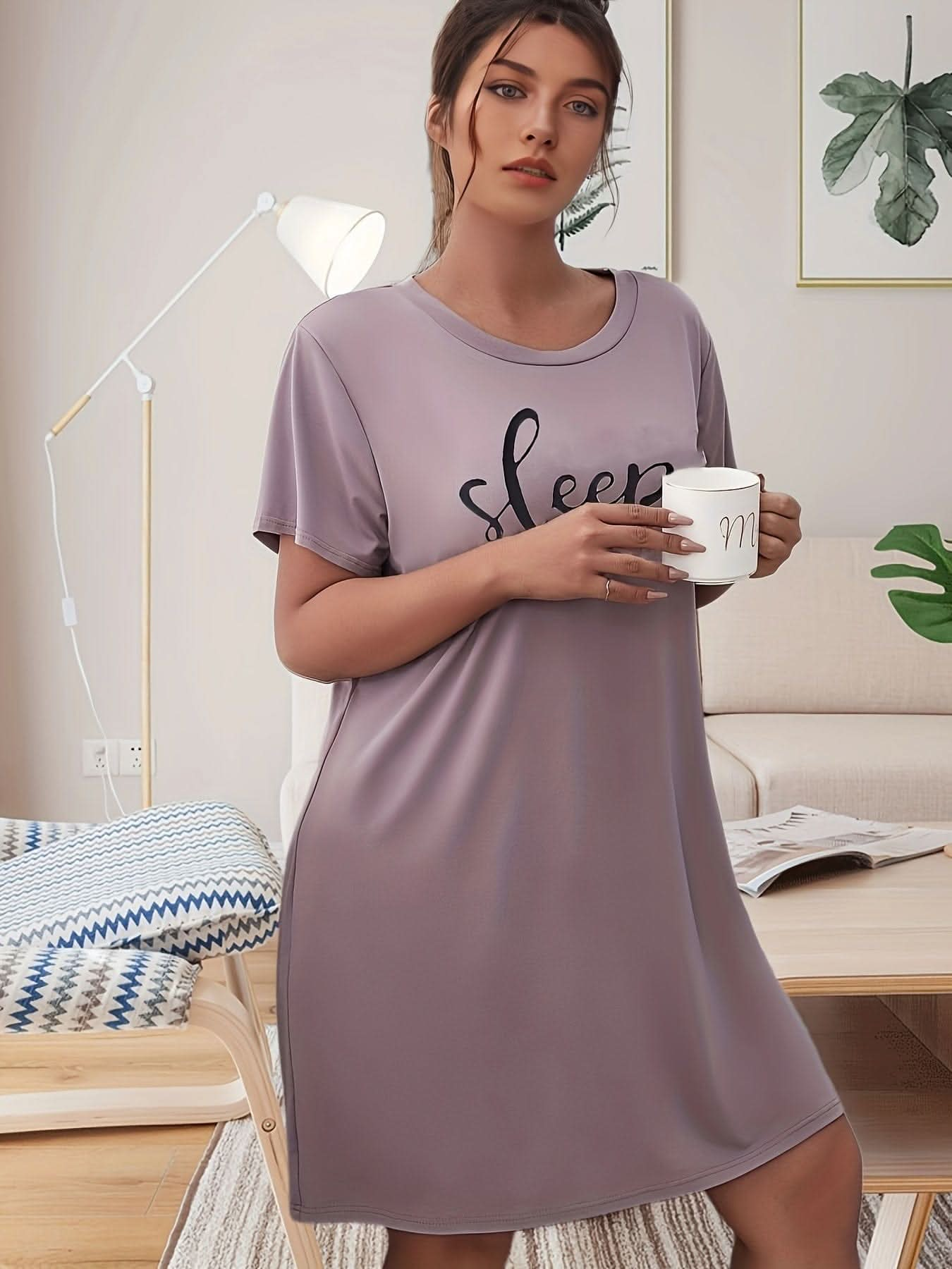 Plus Size Simple Nightdress, Women's Plus Letter & Eyelash Print Short Sleeve Round Neck Medium Stretch Plain Tee Sleep Dress - LustMia