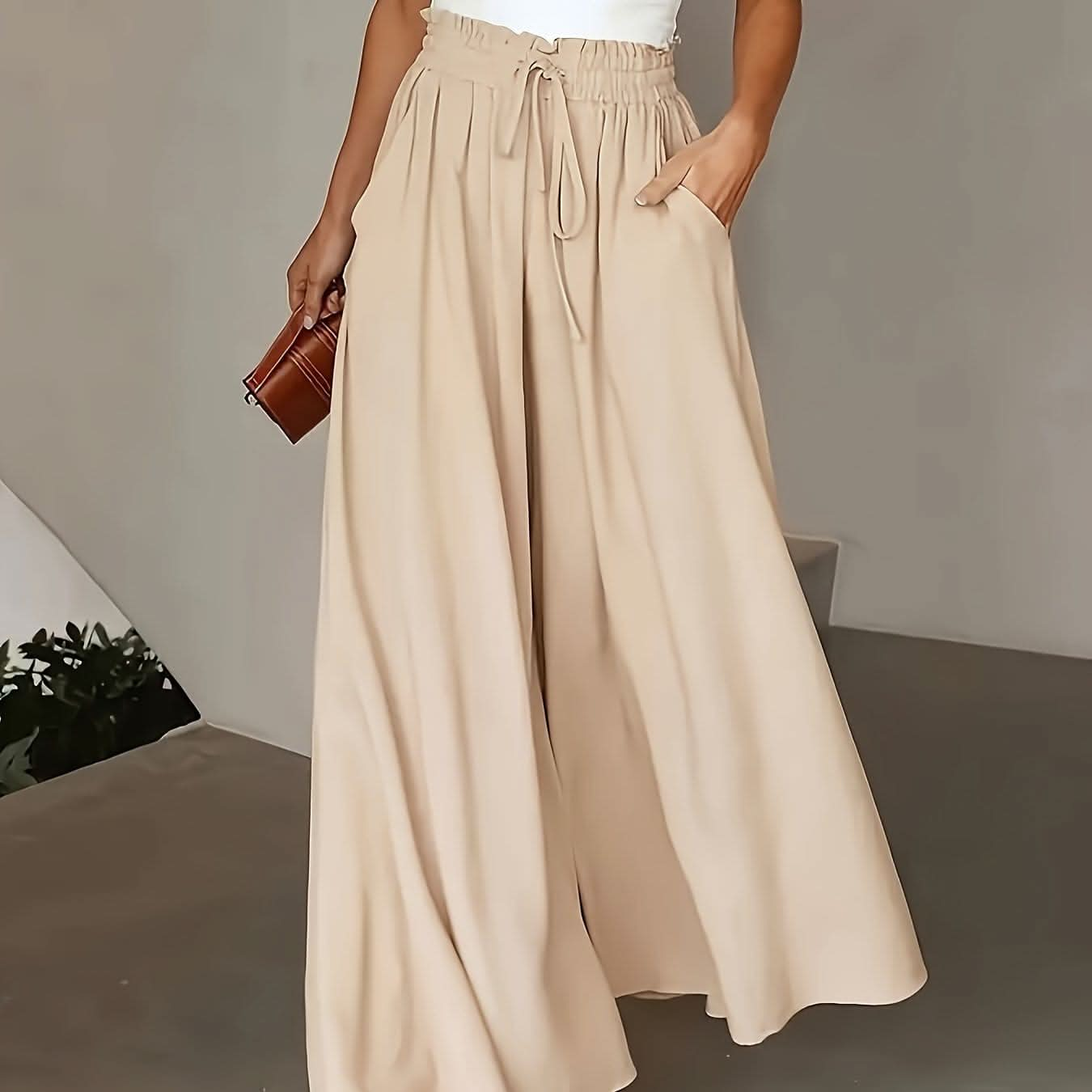 Plus Size Elegant Wide Leg TieFront Pants - LustMia