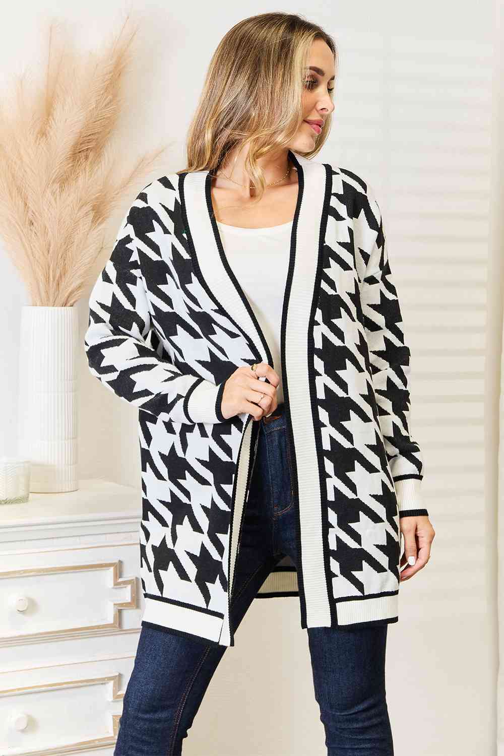 Woven Right Houndstooth Open Front Longline Cardigan - LustMia