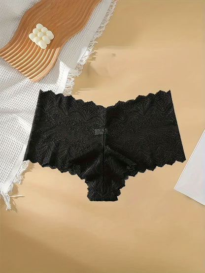 4 Pack Plus Size Romantic Panties Set, Women's Plus Floral Lace Scalloped Trim High Waisted Boyshorts Four Piece Set - LustMia