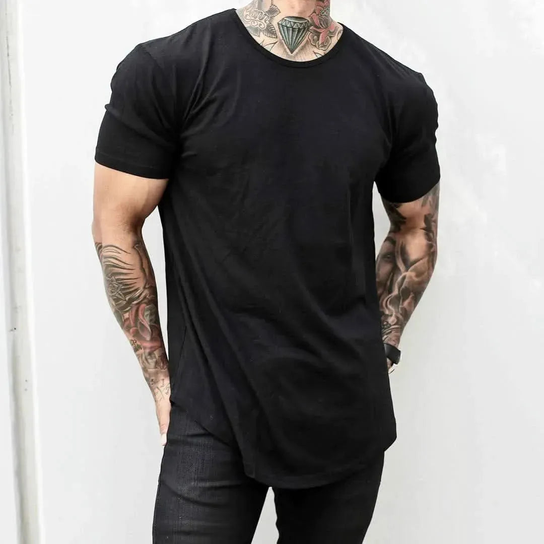 Men T Shirt Solid Colors Casual Workout Shirts Curved Hem T-Shirt Men Fashion Streetwear 3XL - LustMia