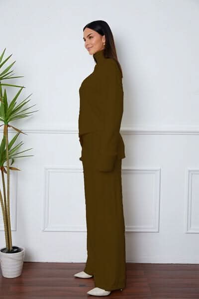 Turtleneck Dropped Shoulder Top and Pants Sweater Set - LustMia