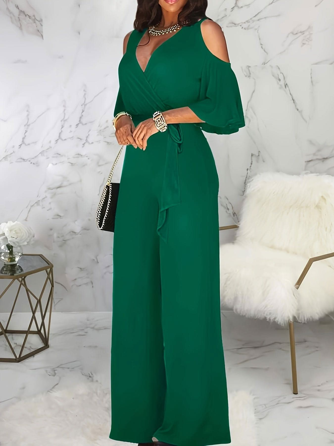 Elegant Cold Shoulder Vneck Jumpsuit - LustMia