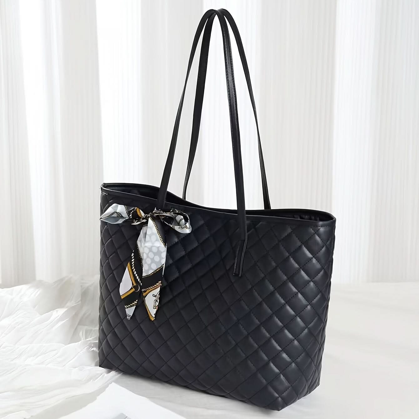 Quilted Tote Bag with Bow - Black, White, and Brown - LustMia