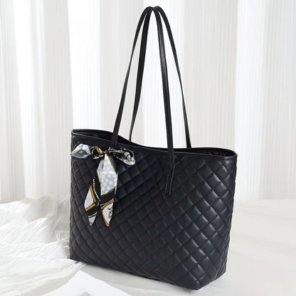 Quilted Tote Bag with Bow - Black, White, and Brown - LustMia