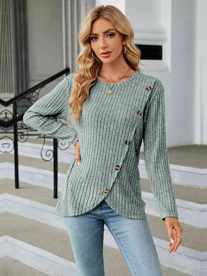 Round Neck Ribbed Button Detail Blouse - LustMia