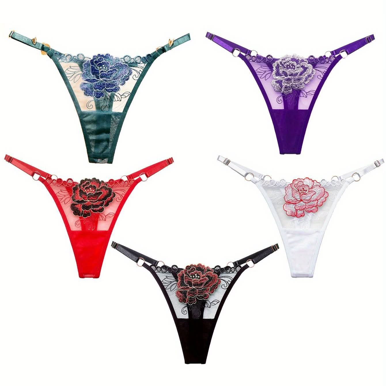 5pcs Floral Embroidery Thongs, Semi Sheer Ring Linked Mesh Panties, Women's Sexy Lingerie & Underwear - LustMia