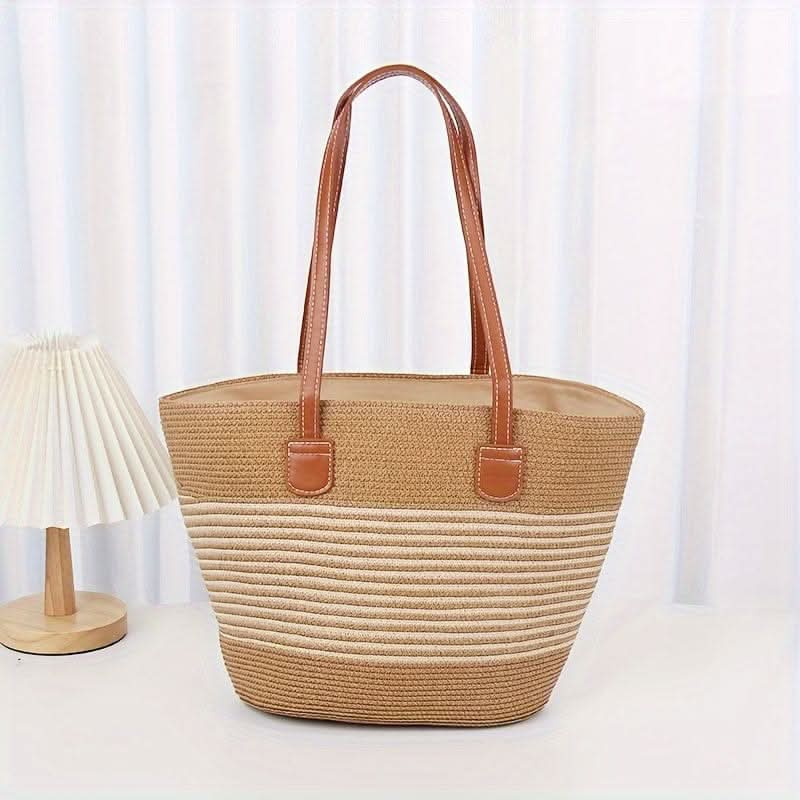 Woven Straw Tote Bag, Beach Bag With Durable Faux Leather Handles, Summer Vacation Accessory - LustMia