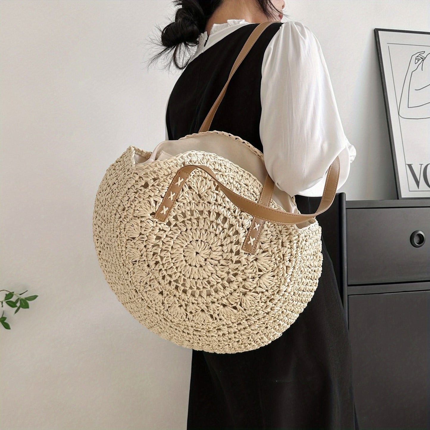 Straw Woven Casual Tote Bag, Double Handle Literary Beach Bag, Round Shape Portable Braided Bag - LustMia