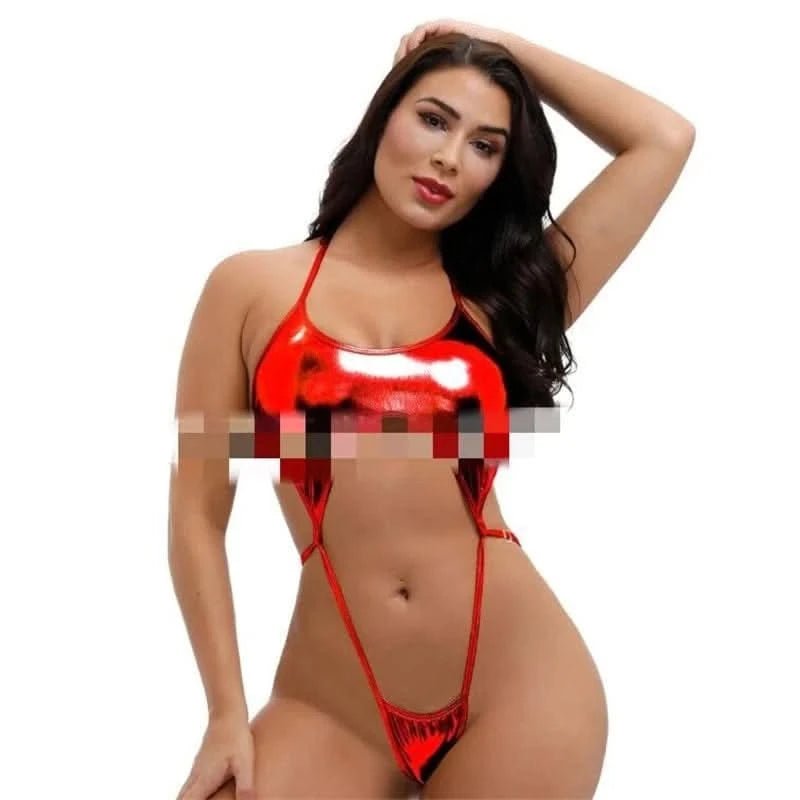 Sexy Micro Bikini Swimsuit Ladies Swimsuit One Piece Bikini Bikini Patent Leather Hal Rope Lace Adjustable Thong Plus Size - LustMia