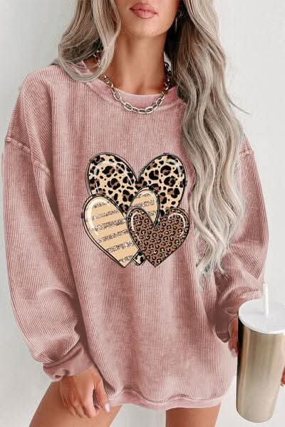 Heart Ribbed Round Neck Sweatshirt - LustMia