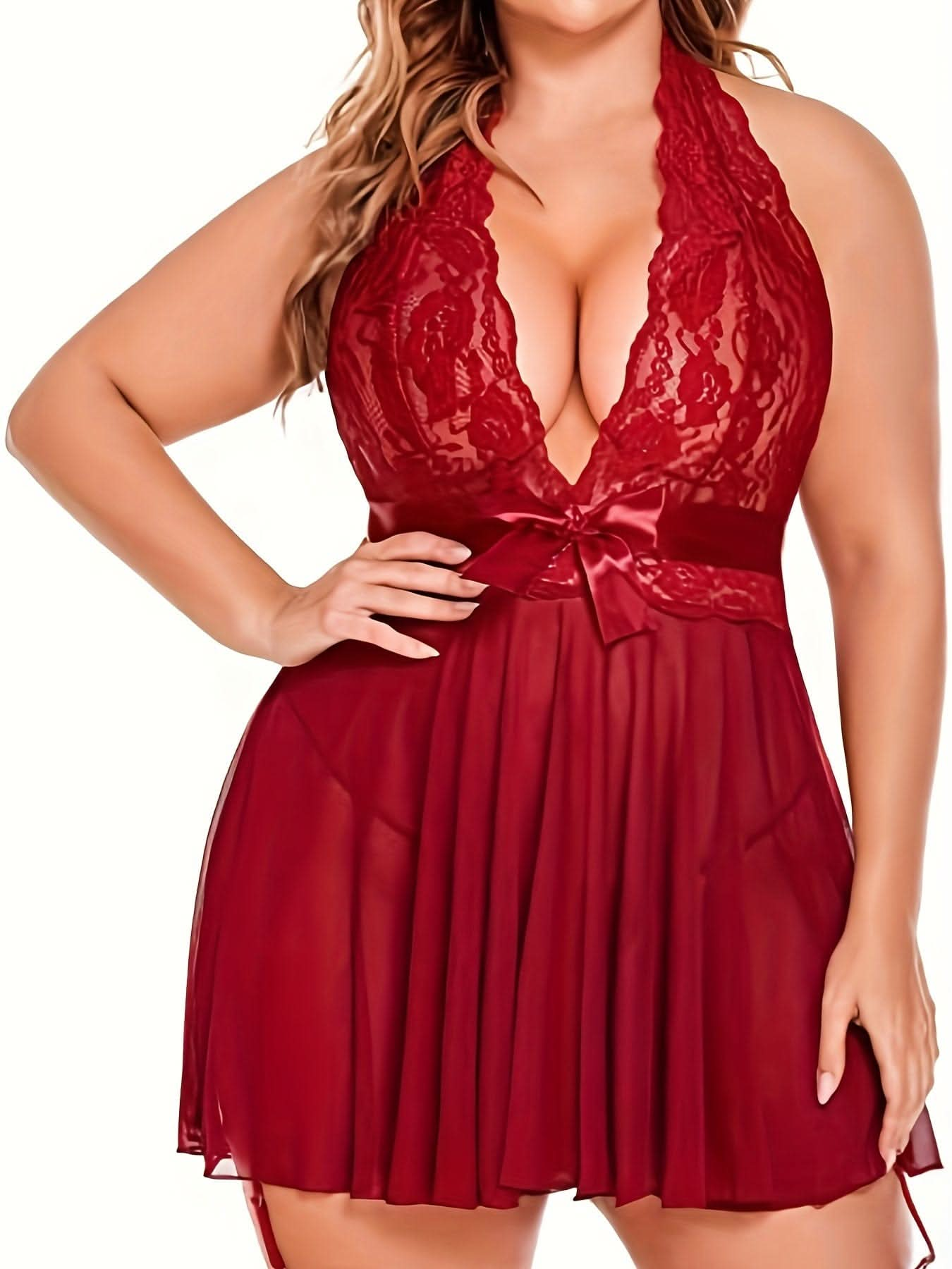 Plus Size Sexy Lingerie Dress, Women's Plus Floral Lace Bow Detail Deep V Neck Halter Babydoll Lingerie - LustMia