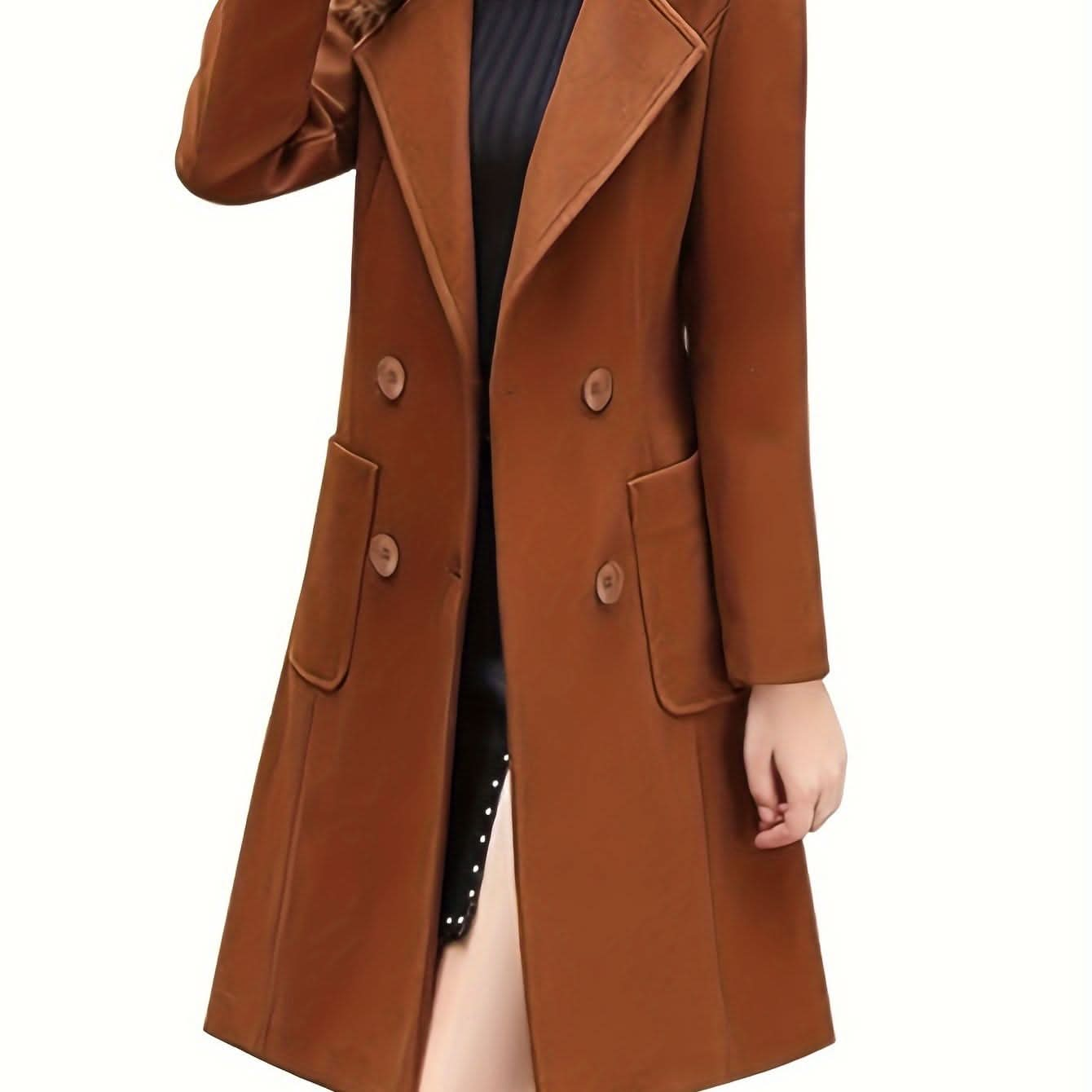 Women Winter Mid - Long Coat Notch Double - Breasted Lapel Jacket Outwear - LustMia