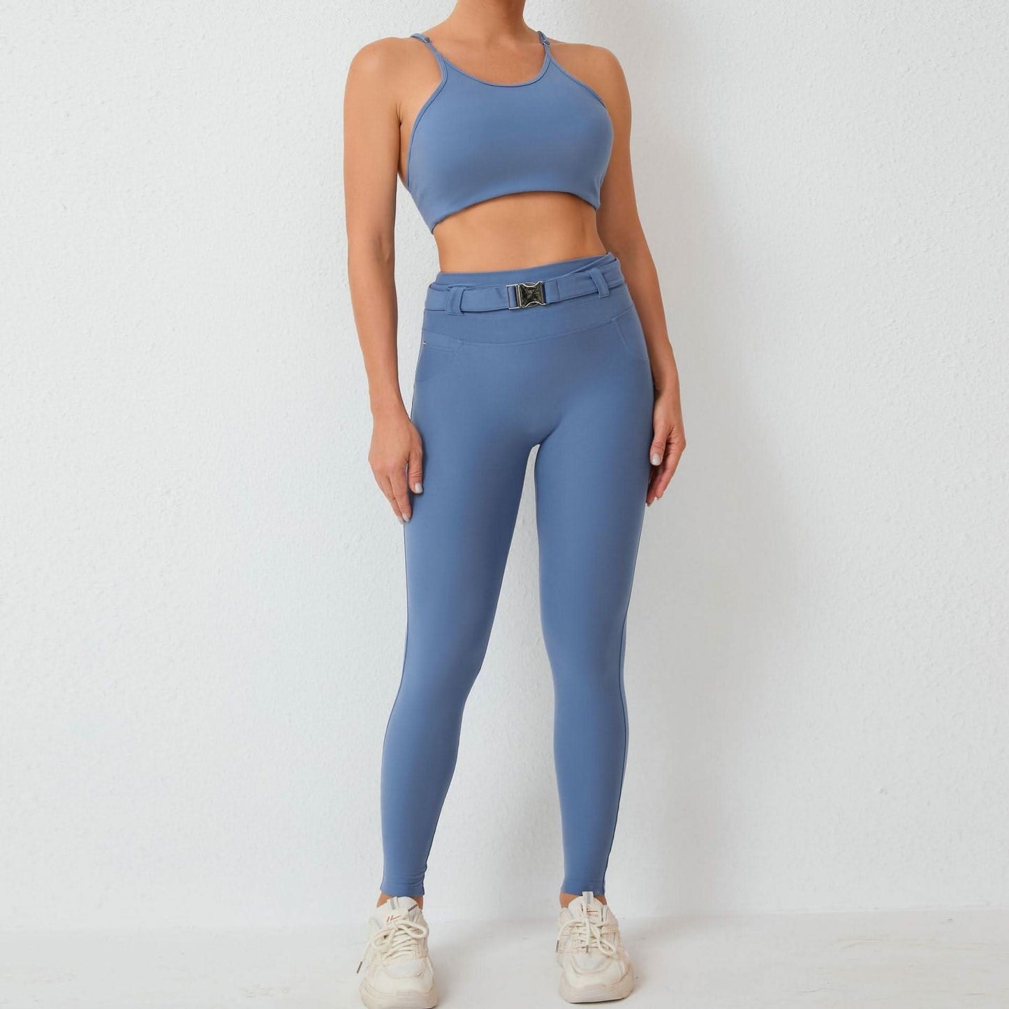 Imitation denim pocket tight adjustable waist with belt sports two - piece set 5colors - LustMia