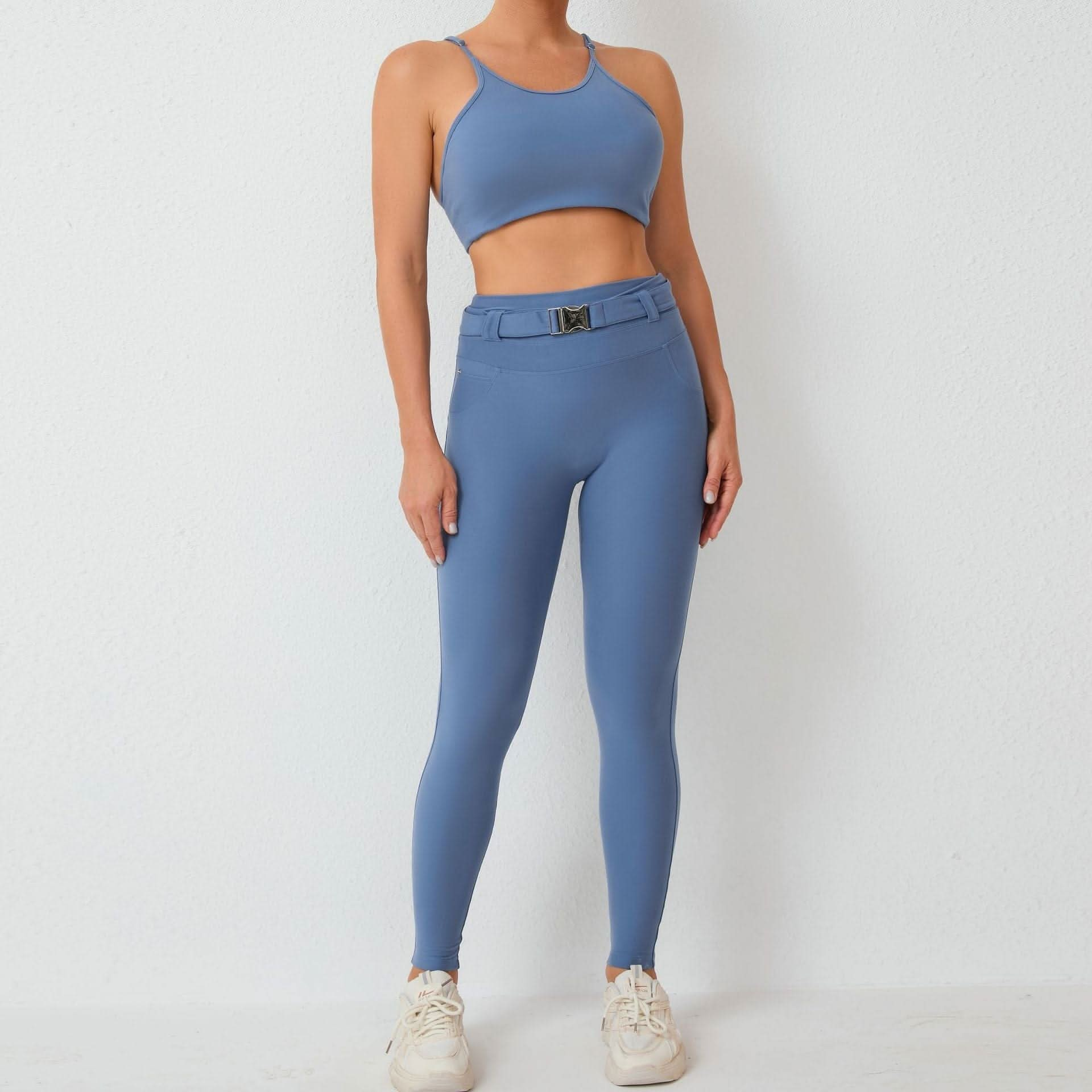 Imitation denim pocket tight adjustable waist with belt sports two - piece set 5colors - LustMia