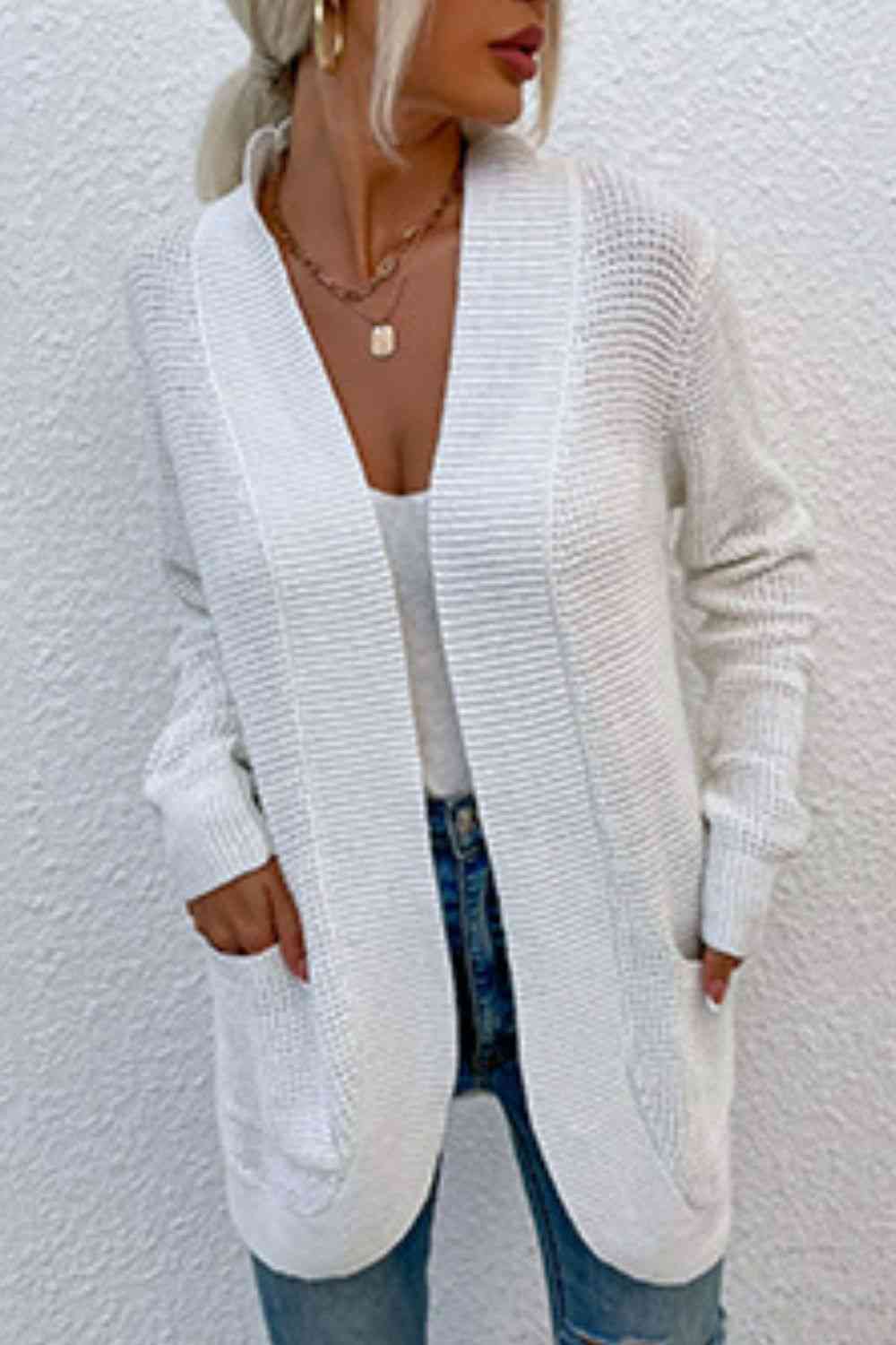 Open Front Rib - Knit Cardigan with Pockets - LustMia