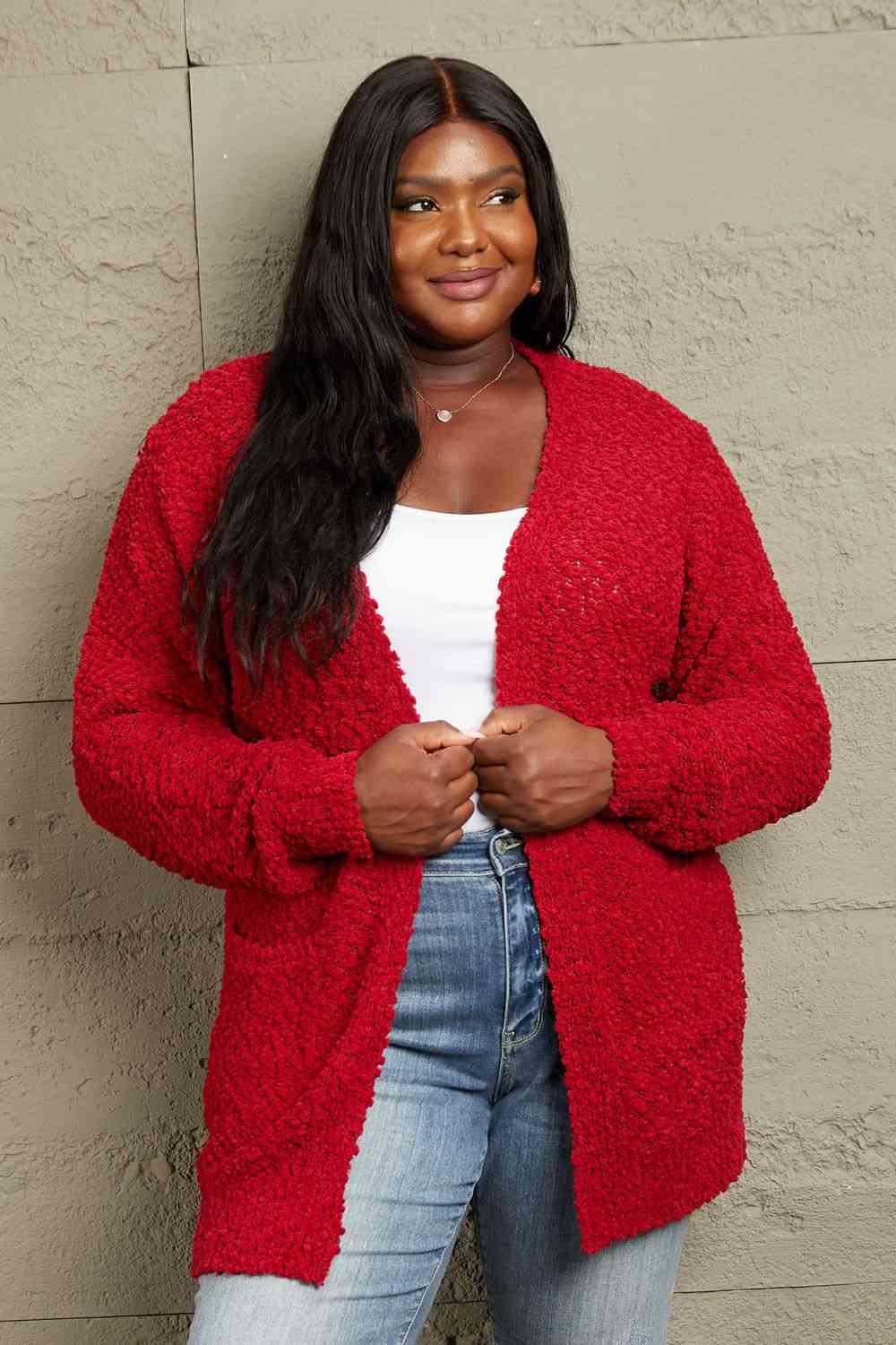 Zenana Falling For You Full Size Open Front Popcorn Cardigan - LustMia