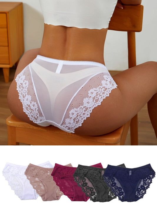 5pcs Contrast Mesh Briefs, Comfy & Breathable Stretchy Intimates Panties, Women's Lingerie & Underwear - LustMia