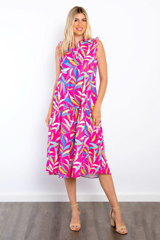 Be Stage Print Ruffled Midi Dress with Pockets - LustMia