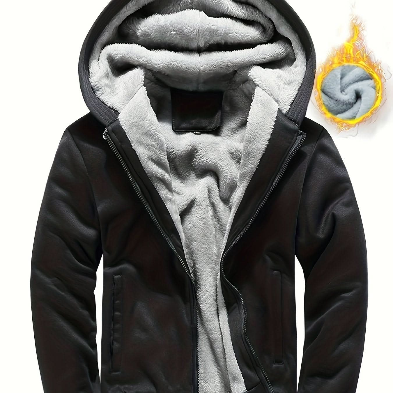 Winter Warm Fleece Zipper Hooded Jacket, Solid Color Thickened Casual Hoodie, Men's Clothing - LustMia