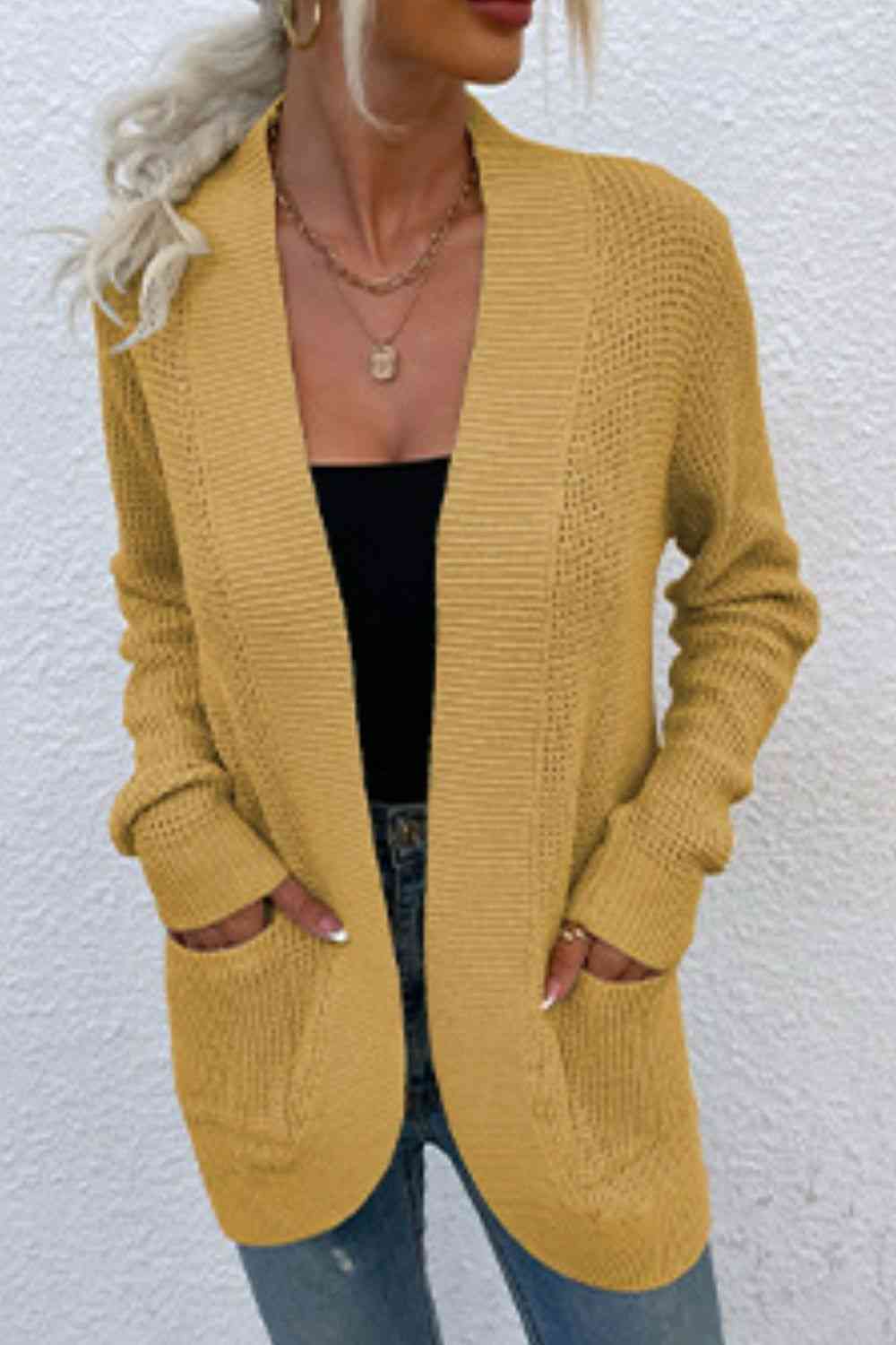 Open Front Rib - Knit Cardigan with Pockets - LustMia