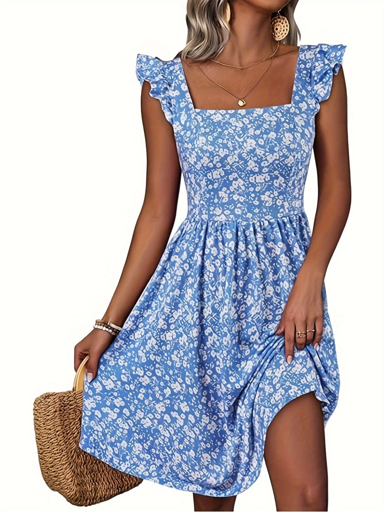 Floral Square Neck Dress with Ruffle Hem Pockets - LustMia