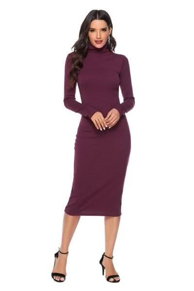 Ribbed Turtleneck Long Sleeve Dress - LustMia