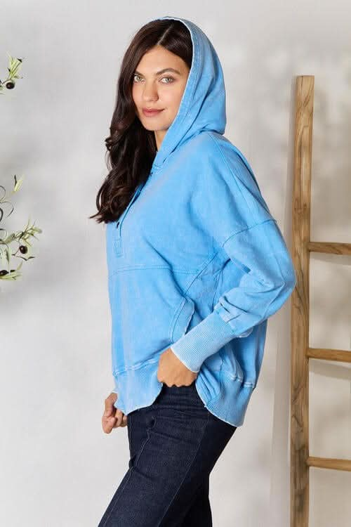 Zenana Half Snap Long Sleeve Hoodie with Pockets - LustMia