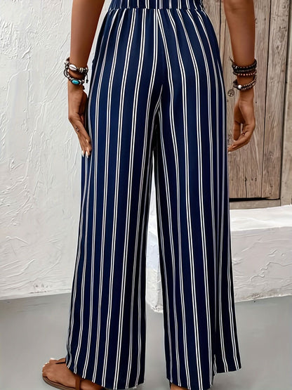 Elegant Striped WideLeg Pants Paper Bag Waist - LustMia