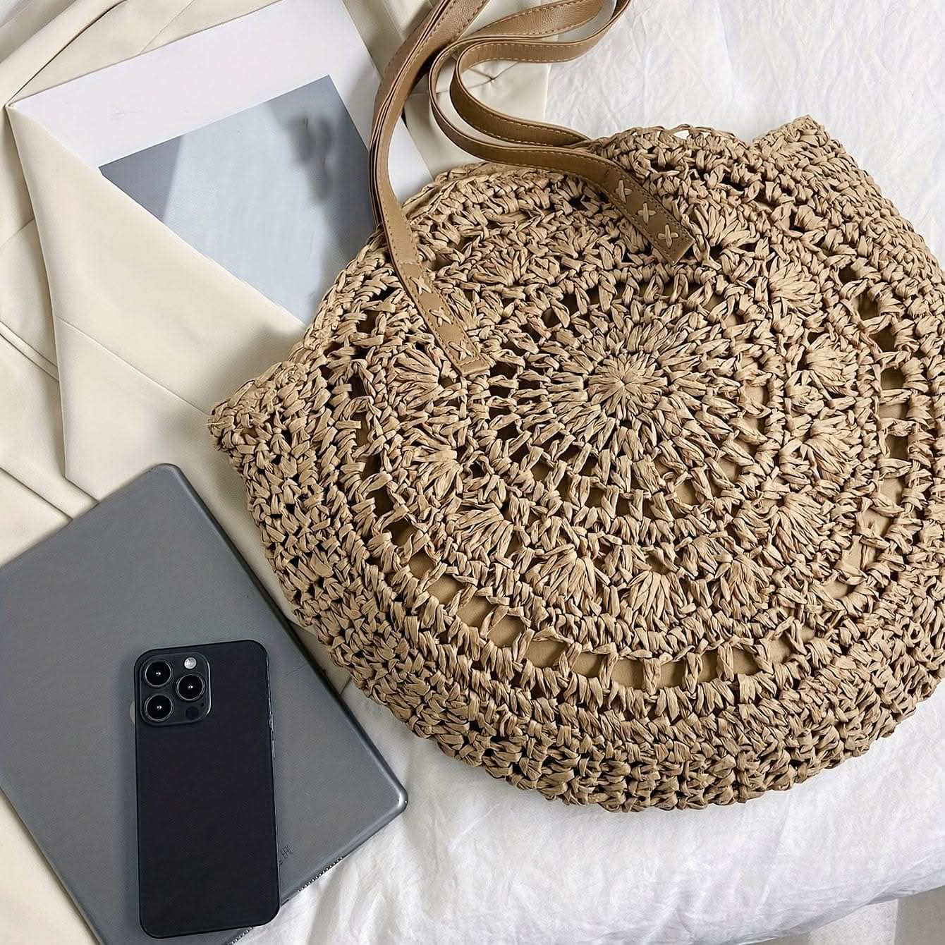 Straw Woven Casual Tote Bag, Double Handle Literary Beach Bag, Round Shape Portable Braided Bag - LustMia