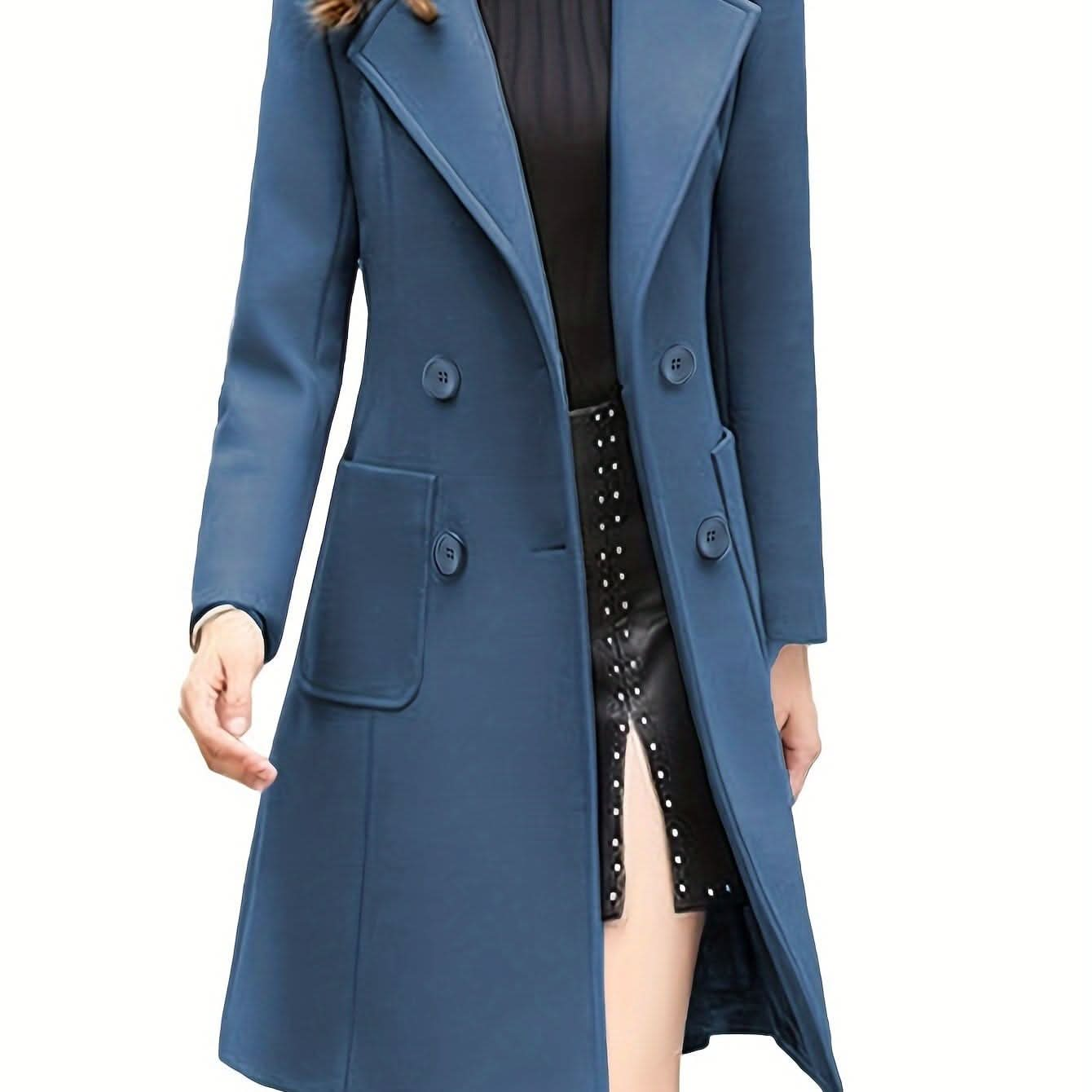 Women Winter Mid - Long Coat Notch Double - Breasted Lapel Jacket Outwear - LustMia