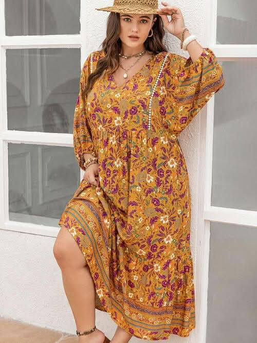 Plus Size Floral V - Neck Balloon Sleeve Midi Dress - LustMia