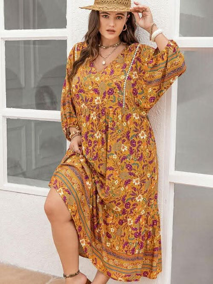 Plus Size Floral V - Neck Balloon Sleeve Midi Dress - LustMia