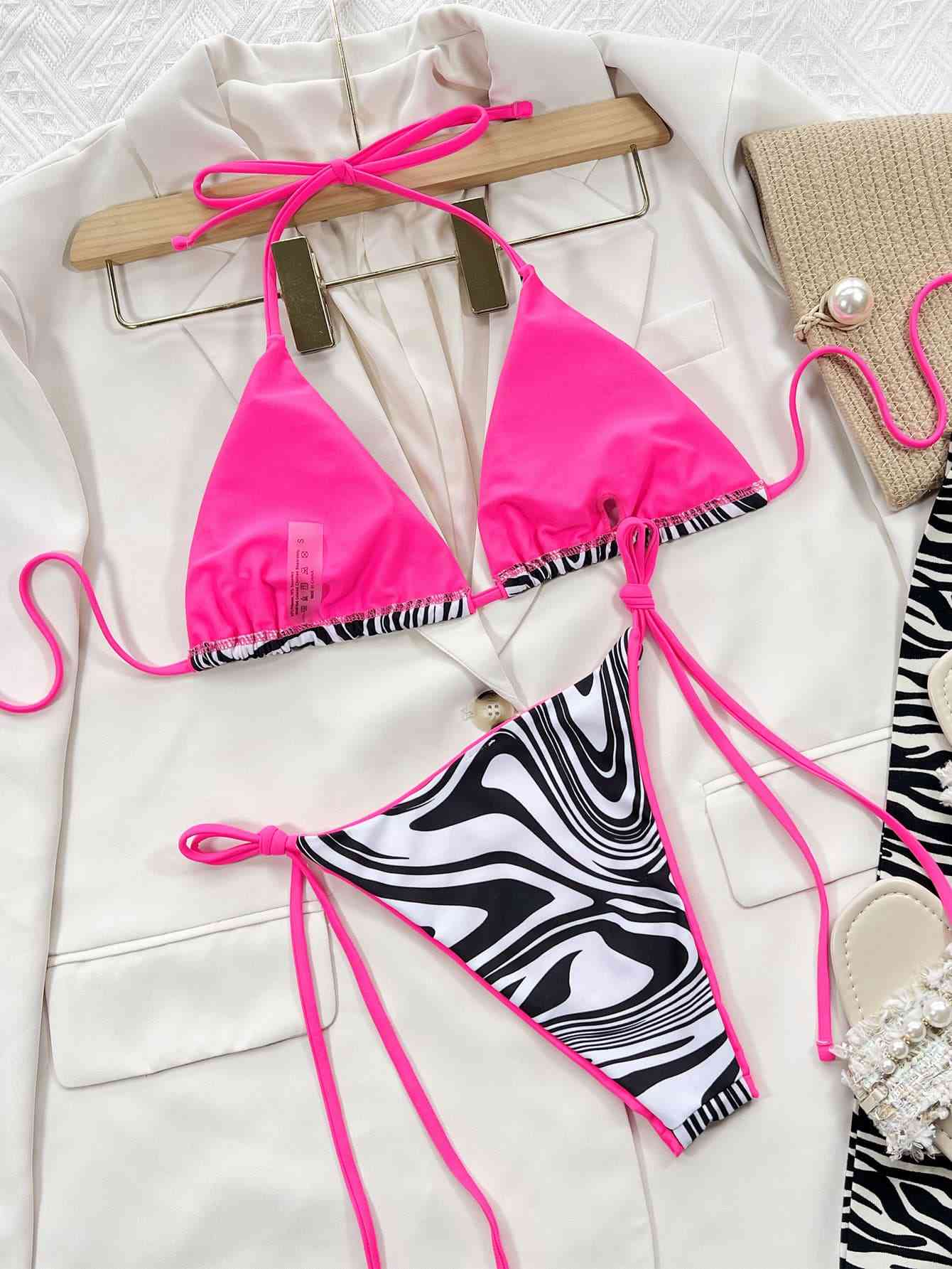 Zebra Print Halter Neck Tie Side Bikini Set - LustMia