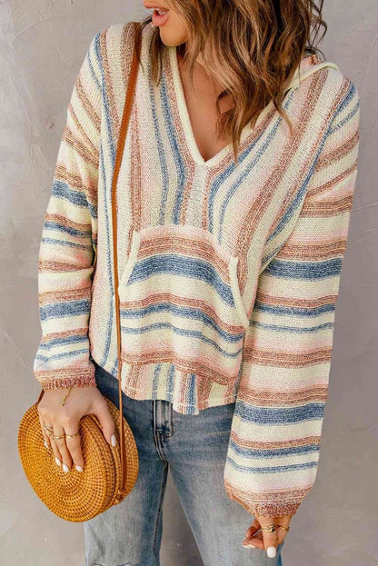 Striped Hooded Sweater with Kangaroo Pocket - LustMia