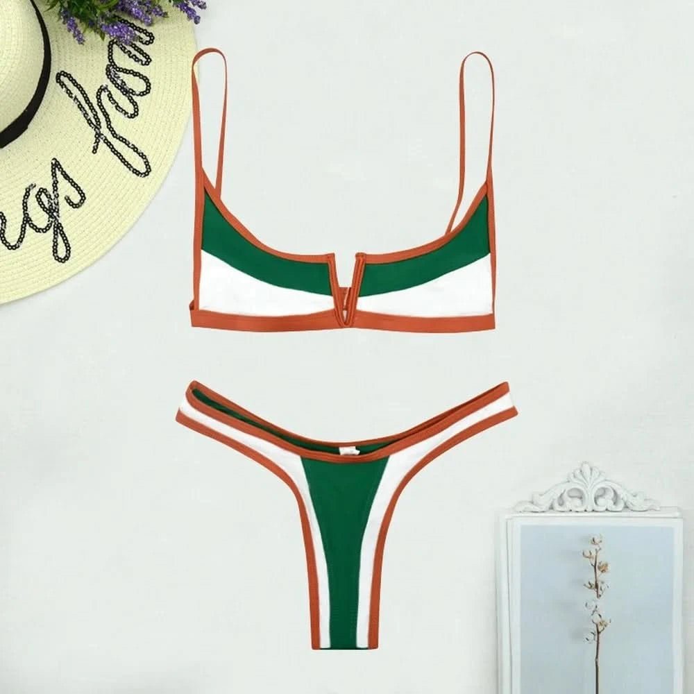 2022 Summer Bathing Suit Women V - bar Green Bathing Suits Vintage Bikini Patchwork Swimsuit Thong Brazilian Sexy Swimwear - LustMia