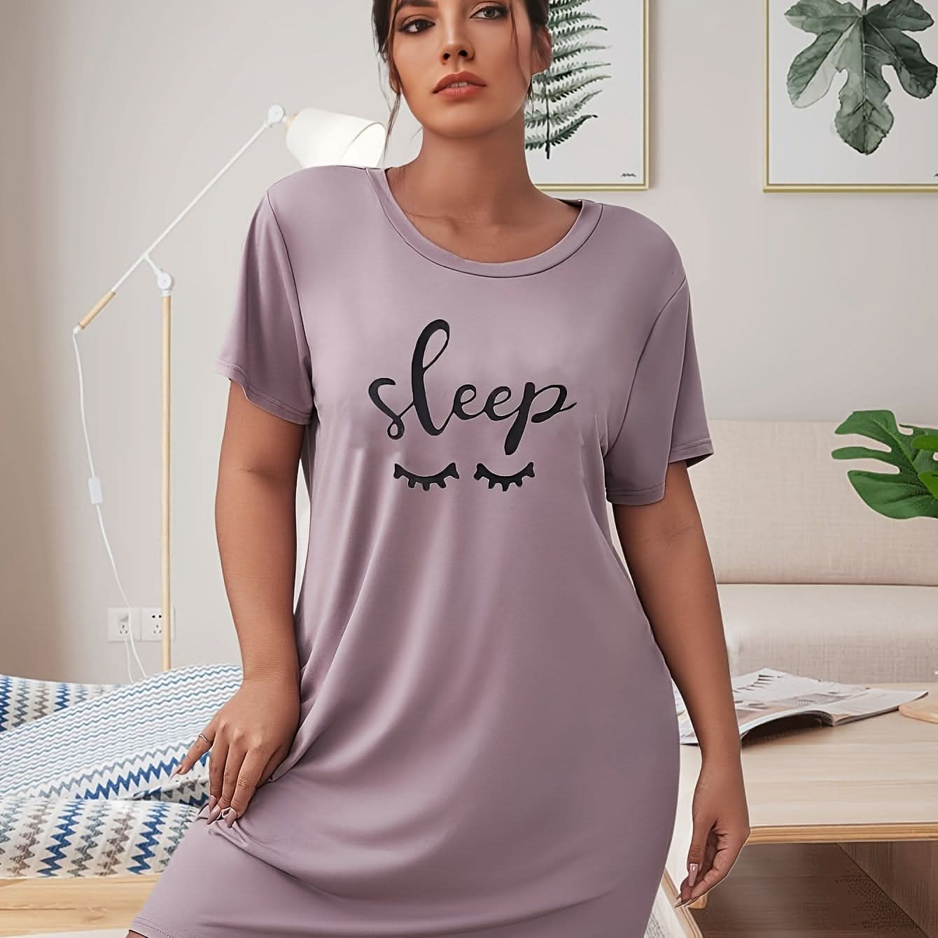 Plus Size Simple Nightdress, Women's Plus Letter & Eyelash Print Short Sleeve Round Neck Medium Stretch Plain Tee Sleep Dress - LustMia