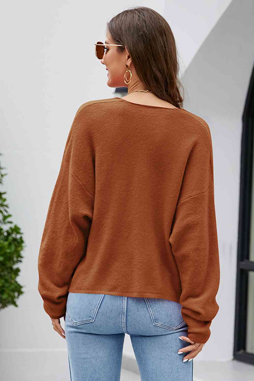 V - Neck Drop Shoulder Long Sleeve Knit Top - LustMia