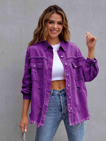 Distressed Drop Shoulder Denim Jacket - LustMia