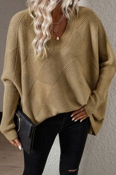 V - Neck Batwing Sleeve Pullover Sweater - LustMia