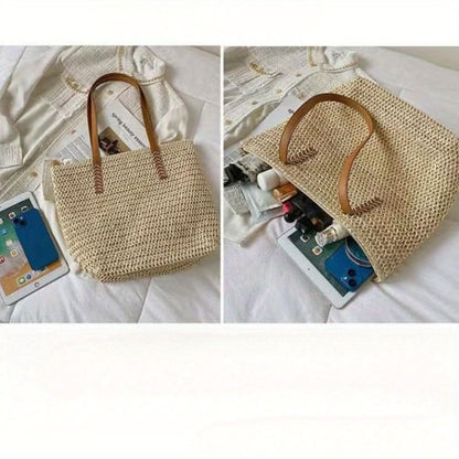 Straw Woven Tote Bag, Summer Beach Shoulder Bag, Women's Casual Handbag For Beach Travel Vacation - LustMia