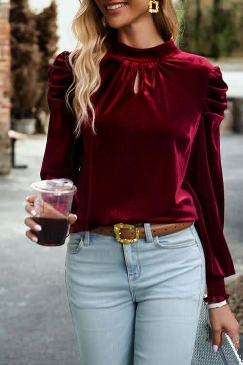 Tie Up Mock Neck Velvet Fabric Long Sleeve Blouse - LustMia