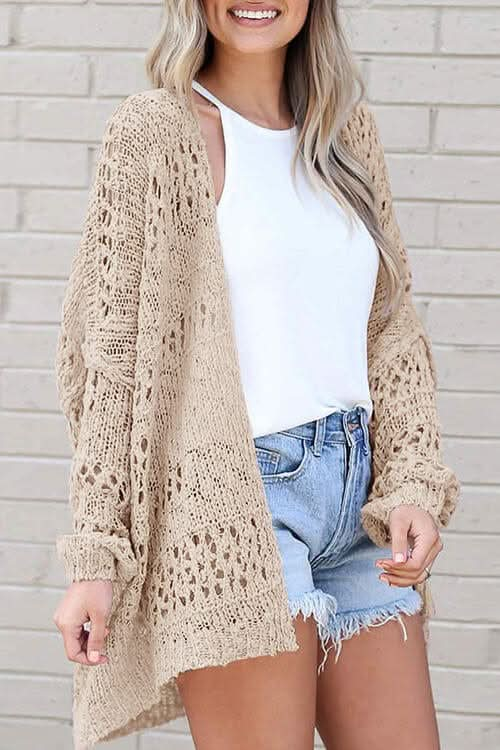 Openwork Open Front Long Sleeve Cardigan - LustMia