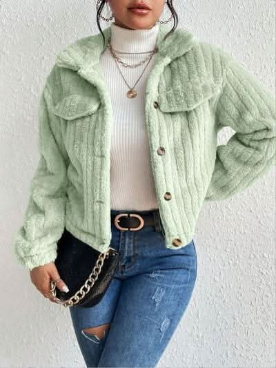 Fuzzy Button Up Collared Neck Jacket - LustMia