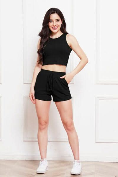 Round Neck Tank and Drawstring Shorts Set - LustMia