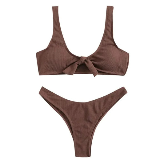 Summer Ladies Solid Color Bikini Bikini Sexy Female Split Swimsuit Brown Vest Conservative Sexy Low Waist Bikini Z1227 - LustMia