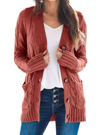 Cable - Knit Buttoned Cardigan with Pockets - LustMia