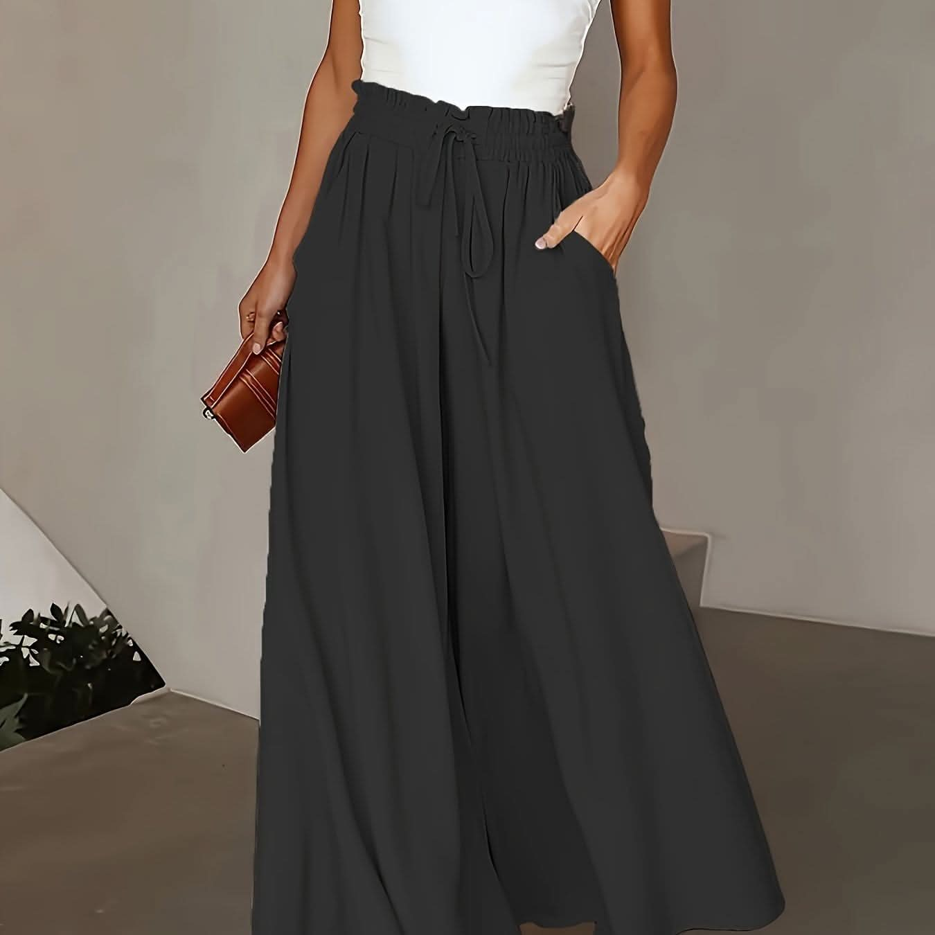 Plus Size Elegant Wide Leg TieFront Pants - LustMia