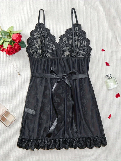 Women's Sexy Lingerie Dress, Plus Size Solid Lace Bow Knot Backless Cami Sexy Dress - LustMia