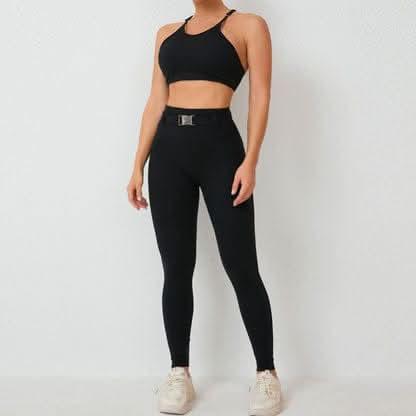 Imitation denim pocket tight adjustable waist with belt sports two - piece set 5colors - LustMia